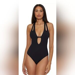Becca Modern Edge Textured Plunging-Neck Swimsuit NWOT Size Small Black